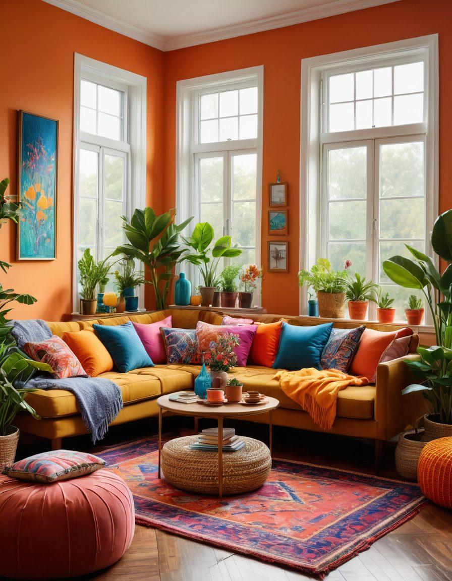 A cozy living room filled with vibrant, cheerful decor, featuring colorful cushions, bright wall art, and lush indoor plants. Sunlight streams through large windows, illuminating a happy family enjoying time together, surrounded by playful decorations like whimsical wall hangings and cheerful rugs. The ambiance exudes warmth and joy, inviting anyone to feel at home. super-realistic. vibrant colors. cozy atmosphere.