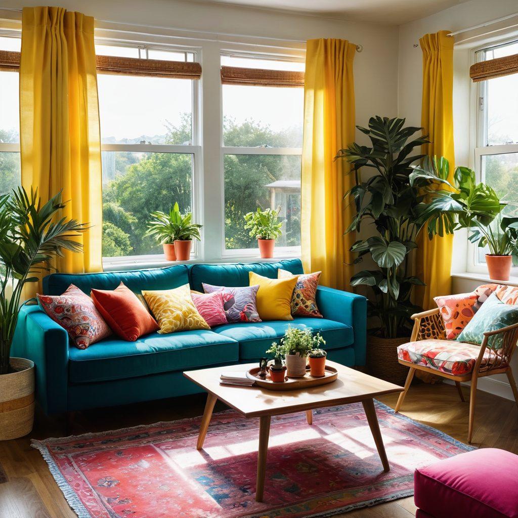 A cozy living room filled with vibrant, joyful furniture designs such as a playful sofa, bright patterned cushions, and an eclectic coffee table. Sunlight streams through large windows adorned with colorful curtains, creating a warm atmosphere. Houseplants are scattered throughout, adding a touch of nature. The overall vibe is cheerful and inviting, perfect for a happy home. super-realistic. vibrant colors. soft focus.