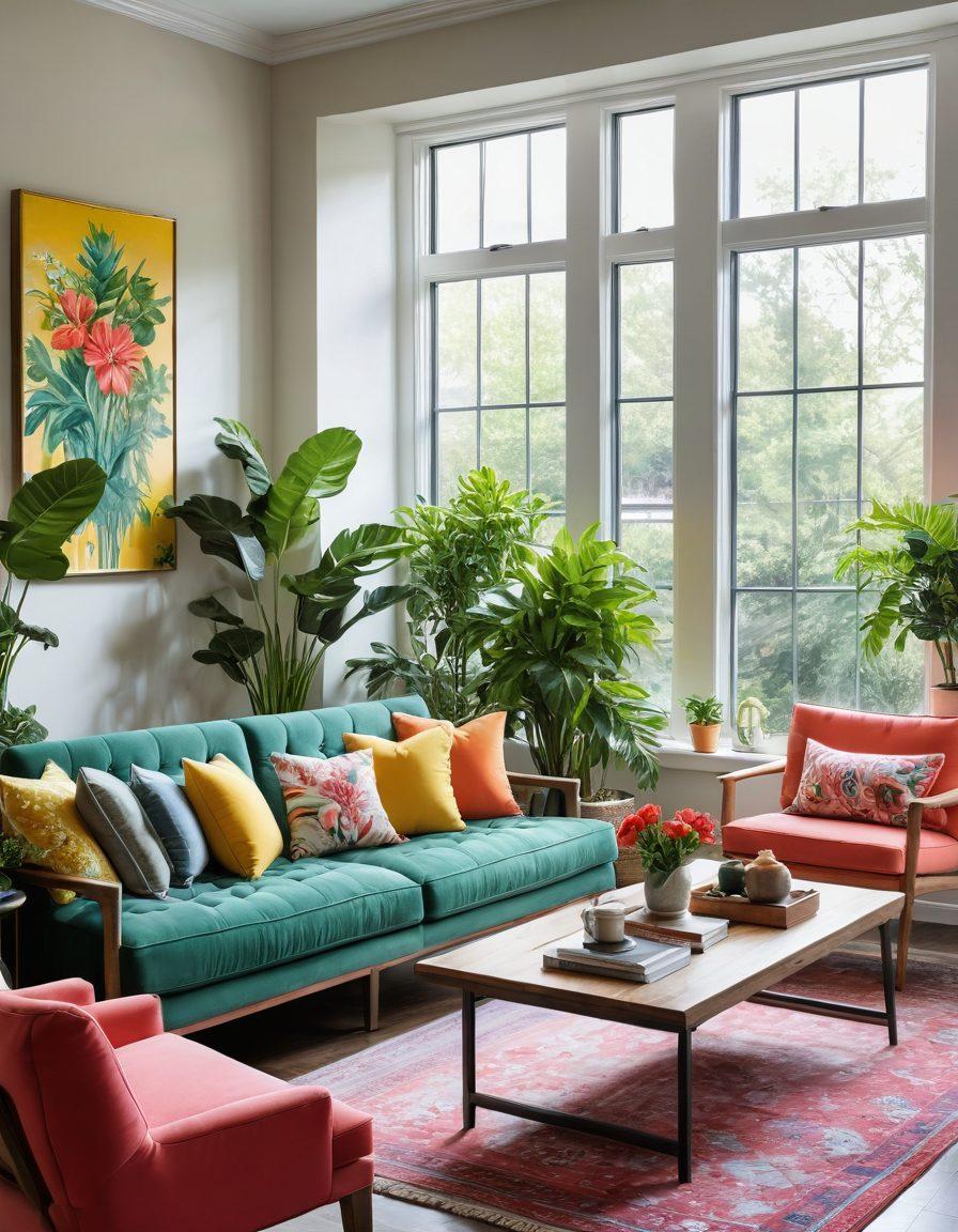 A beautifully transformed living space showcasing vibrant colors and cheerful decor, featuring lush green plants and blooming flowers that symbolize growth and positivity, with sunlight streaming through large windows, creating a serene and inviting atmosphere. Include cozy seating areas, colorful cushions, and art pieces that embody joy. super-realistic. vibrant colors. bright and airy ambiance.